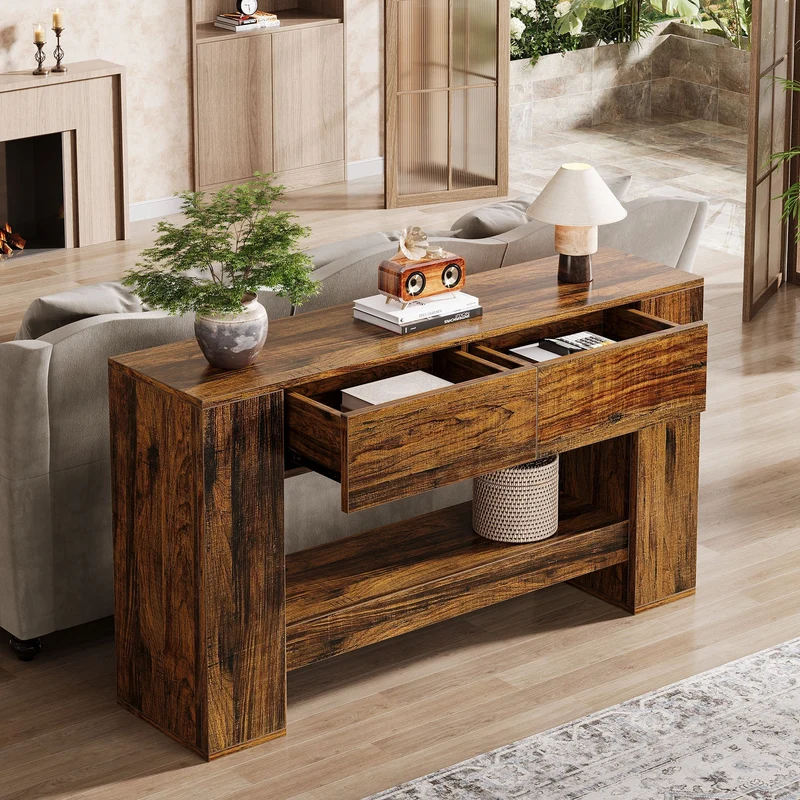 140 cm Konsolentisch, 2-stufiger Sofatisch aus Holz mit 2 Schubladen