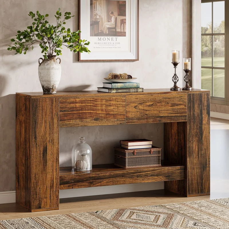 140 cm Konsolentisch, 2-stufiger Sofatisch aus Holz mit 2 Schubladen