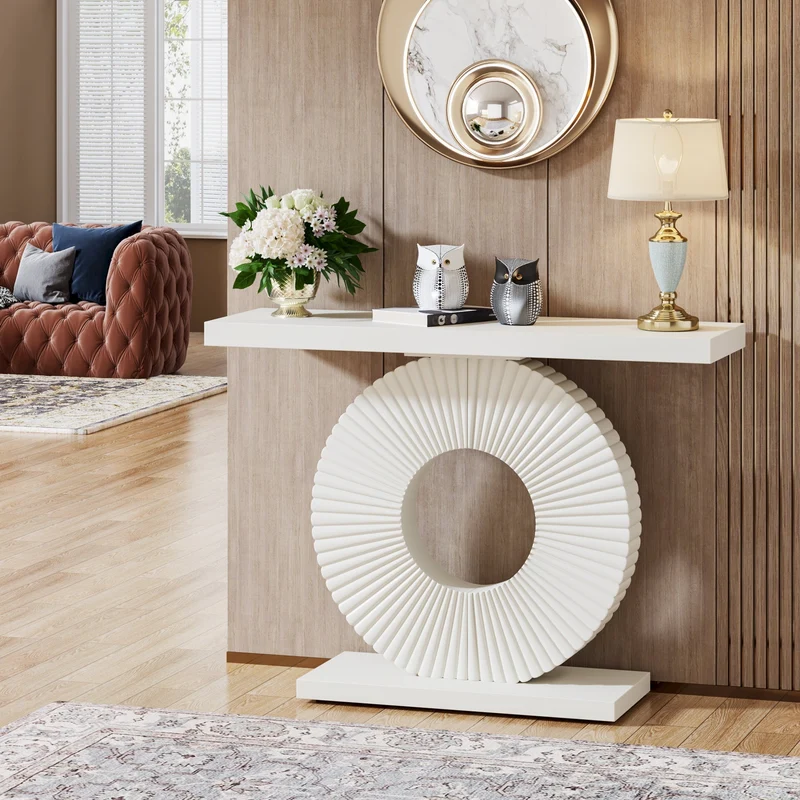 Moderner Konsolentisch, 100 cm Sofatisch aus Holz mit geometrischem Sockel
