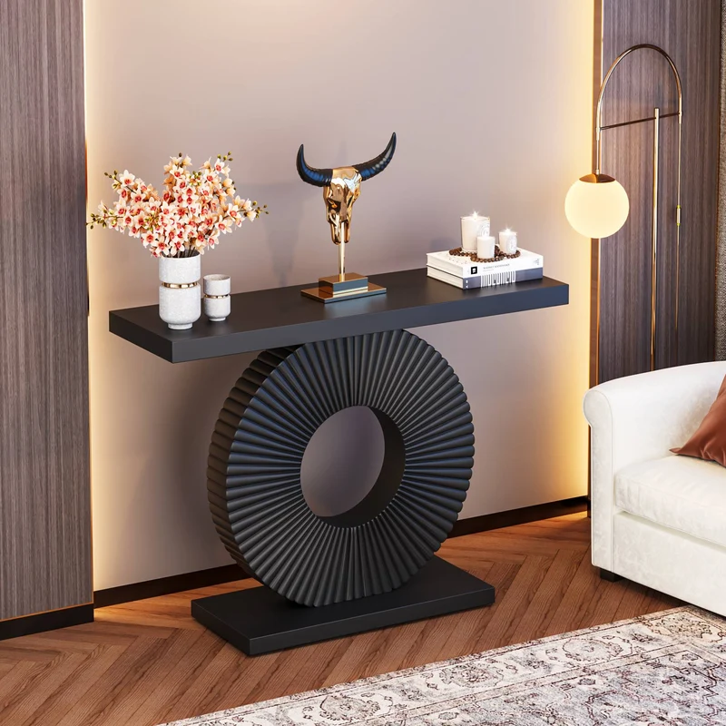 Moderner Konsolentisch, 100 cm Sofatisch aus Holz mit geometrischem Sockel