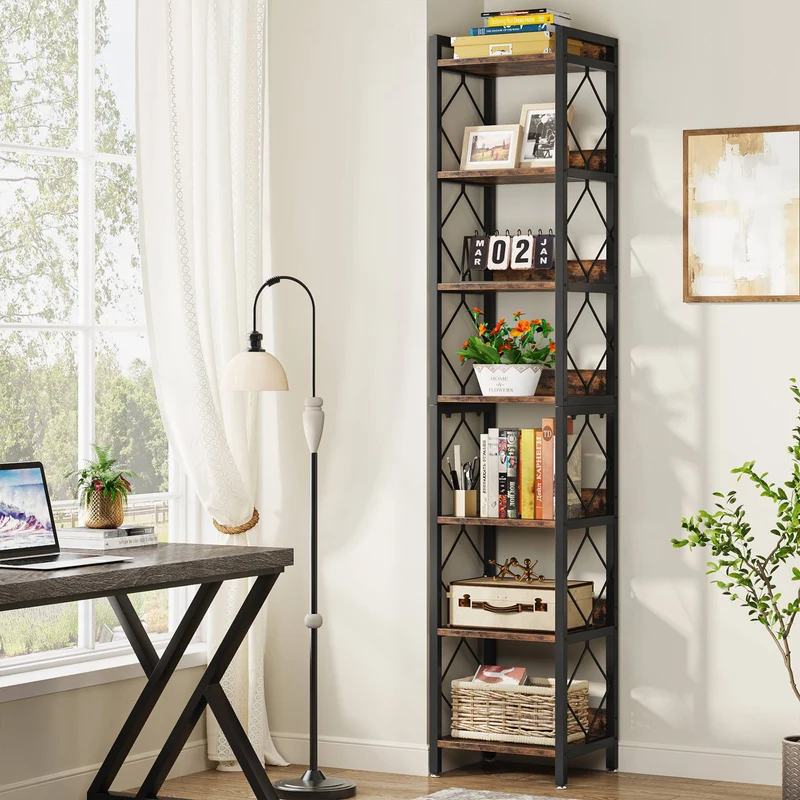 Schwarz 7-stöckiges schmales Bücherregal, freistehendes Präsentationsregal
