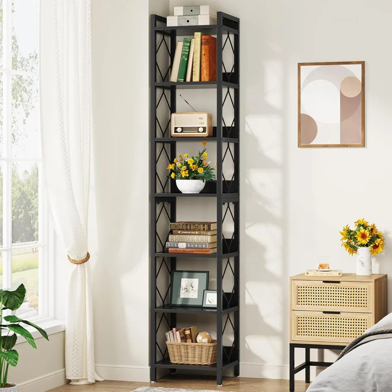 Schwarz 7-stöckiges schmales Bücherregal, freistehendes Präsentationsregal