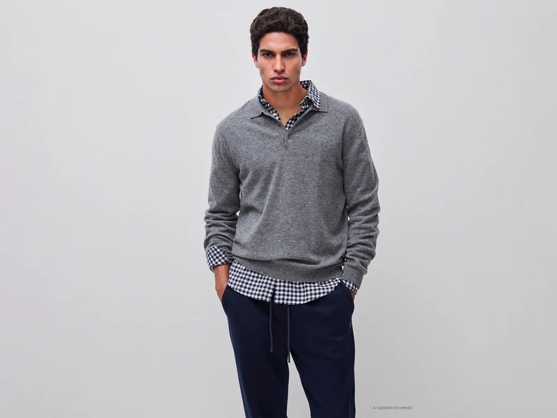 Graues meliertes Poloshirt aus reiner Merinowolle