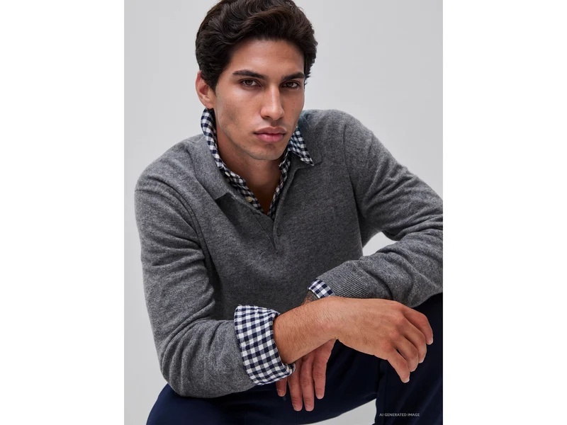 Graues meliertes Poloshirt aus reiner Merinowolle