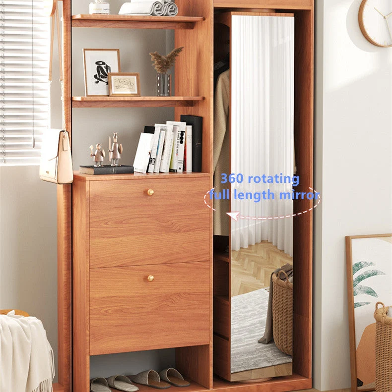 Multifunktions-Eingangsflur-Baum mit drehbarem Kleiderschrank mit Ganzkörperspiegel und kippbarem Schuhschrank