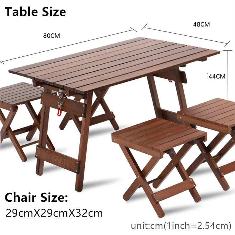 Outdoor-Camping-Klapptisch aus Massivholz mit 4 Klappstühlen