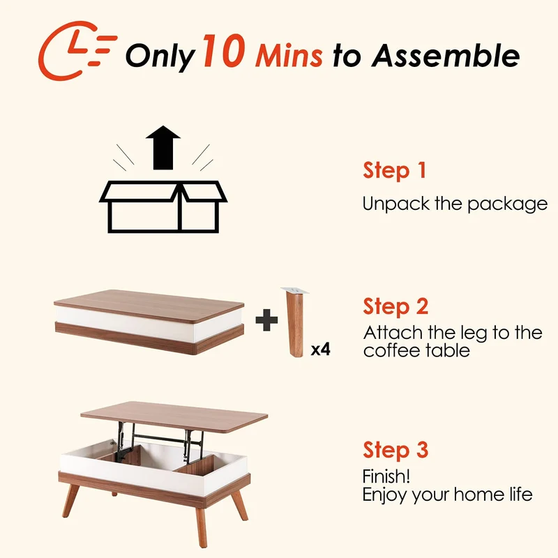 Einfach zu montierender Lift-Top-Couchtisch mit verstecktem Staufach