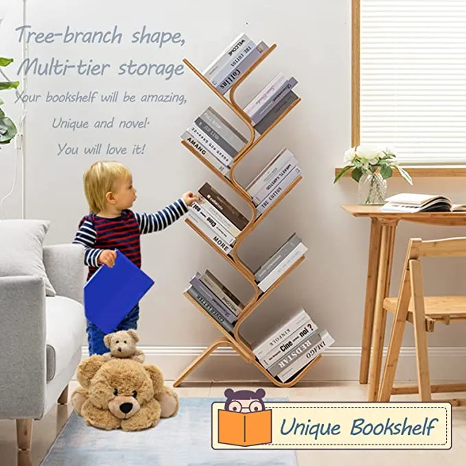 Modernes, bodenstehendes, gebogenes Baum-Bücherregal aus gebogenem Bambus