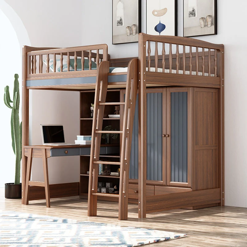 Hochbett aus Massivholz mit Kleiderschrank und Schreibtisch