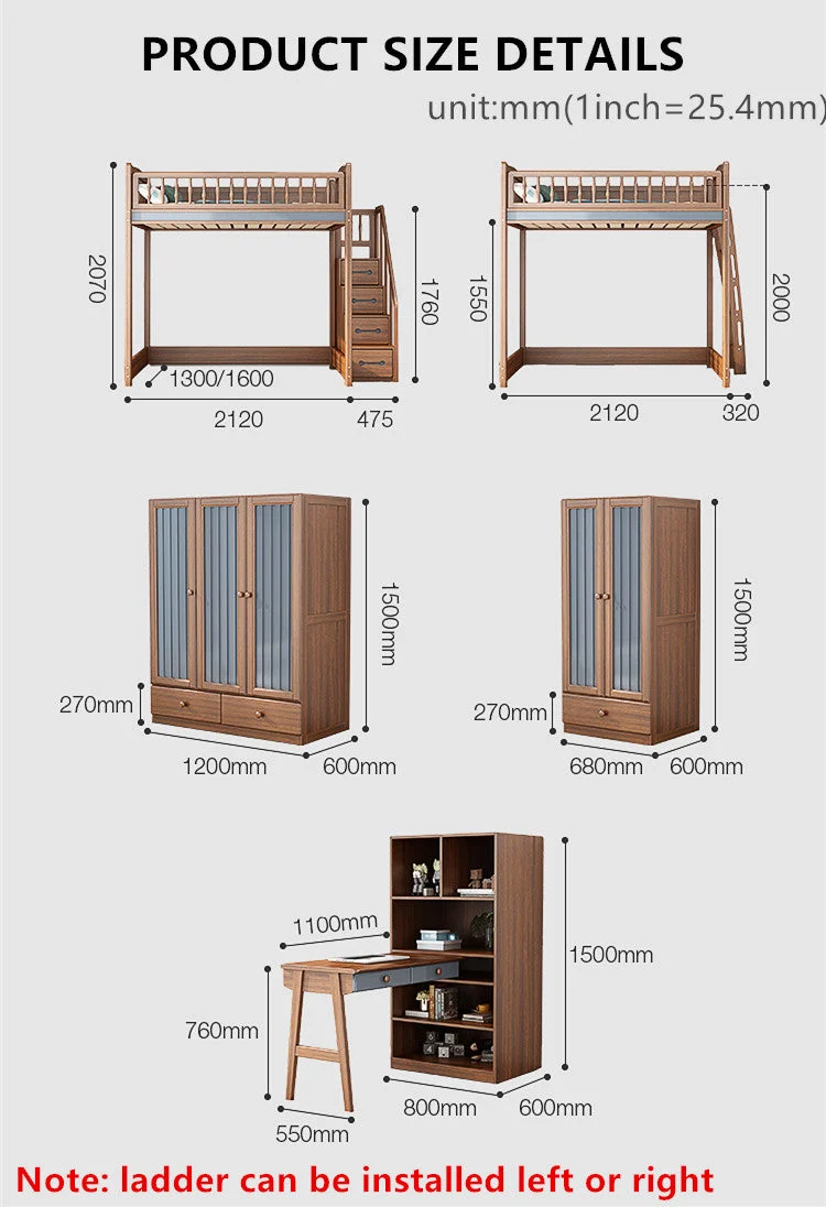 Hochbett aus Massivholz mit Kleiderschrank und Schreibtisch