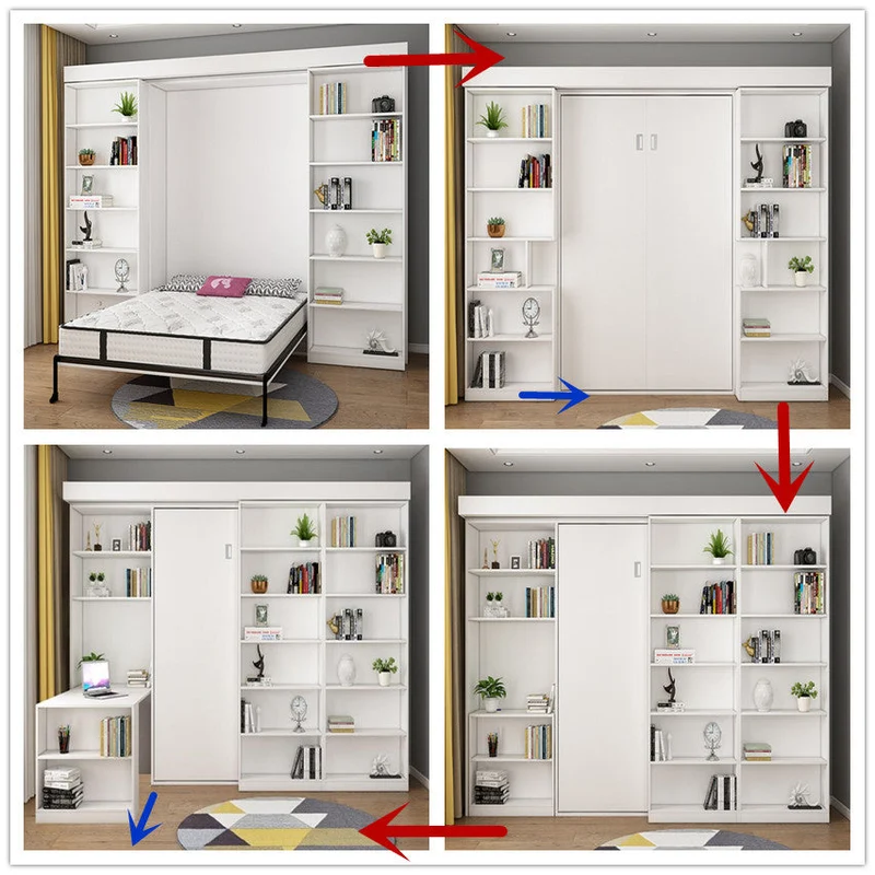 Klappbett mit Bücherregal und Kleiderschrank und klappbarem Schreibtisch