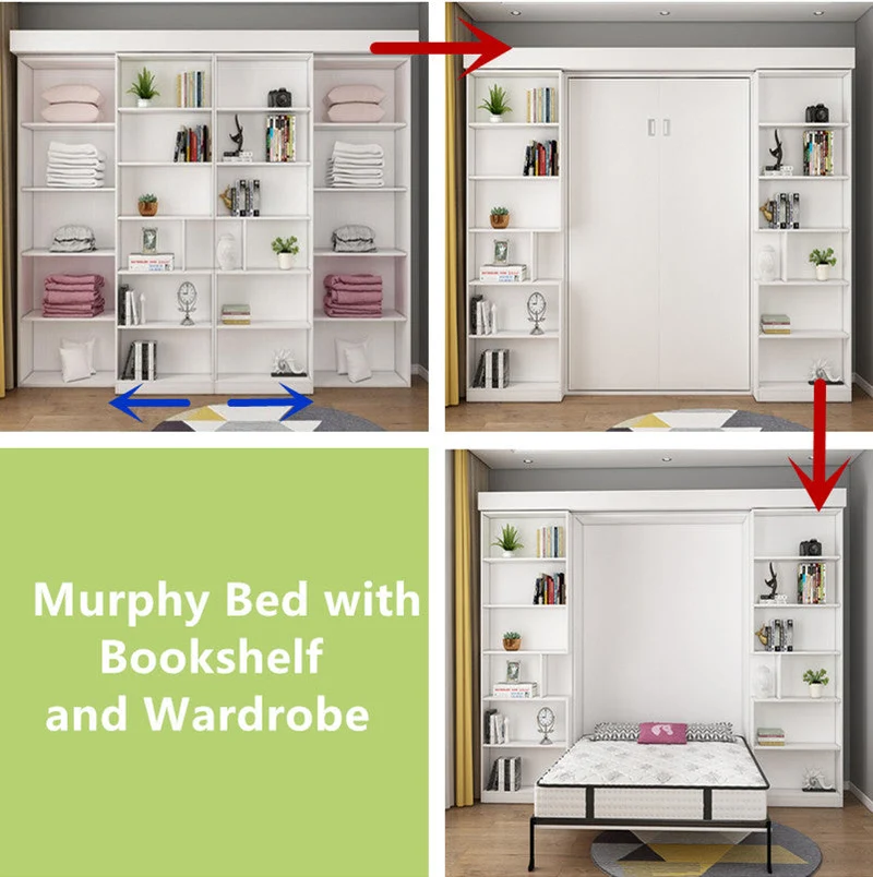 Klappbett mit Bücherregal und Kleiderschrank und klappbarem Schreibtisch