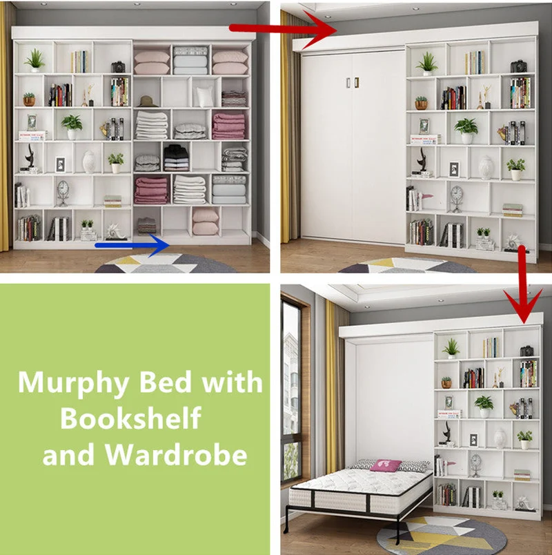 Klappbett mit Bücherregal und Kleiderschrank und klappbarem Schreibtisch
