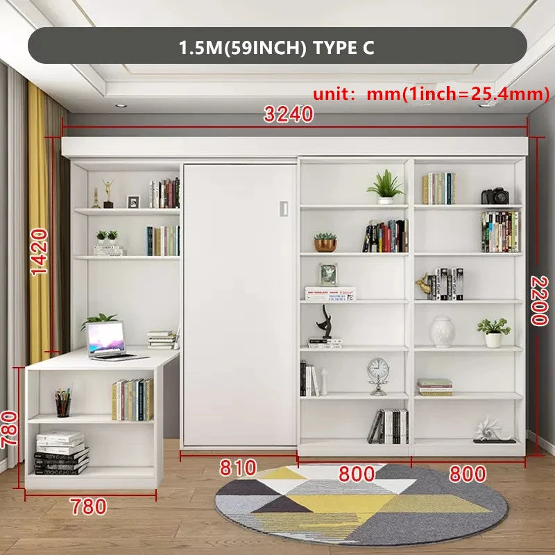 Klappbett mit Bücherregal und Kleiderschrank und klappbarem Schreibtisch