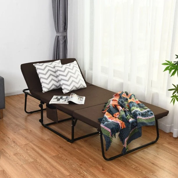 Tragbares faltbares Gästebett mit verstellbarer 6-Position und seitlicher Aufbewahrungstasche (Braun, 78" LX 35" W)