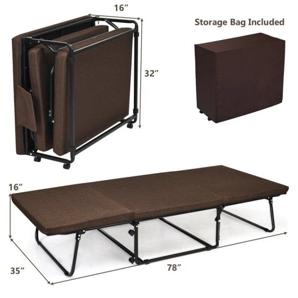 Tragbares faltbares Gästebett mit verstellbarer 6-Position und seitlicher Aufbewahrungstasche (Braun, 78" LX 35" W)