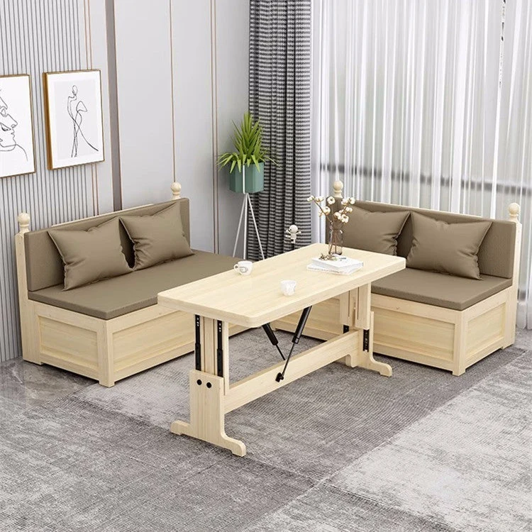 Standbänke aus massivem Kiefernholz mit Hubtisch-Set
