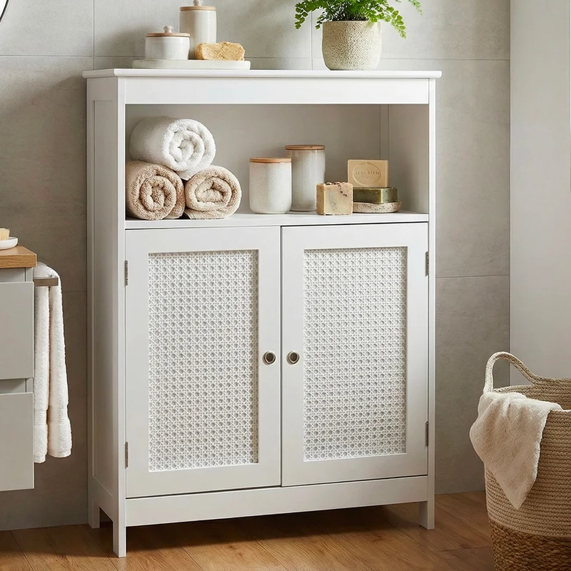Badschrank Wohnling Weiß mit Wiener Geflecht, Türen & Ablage