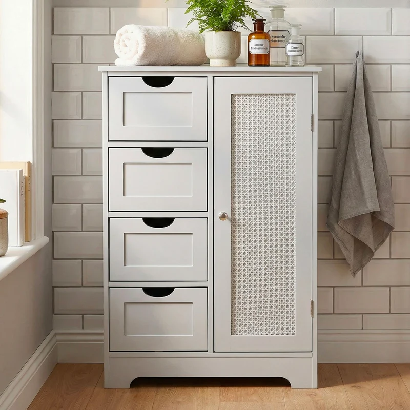 Badschrank mit Wiener Geflecht, 55x80 cm, Weiß von Wohnling