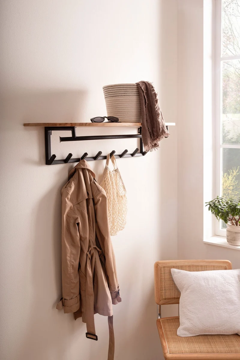Garderobe Akazie Massivholz mit Metallrahmen Schwarz, 8 Haken & Ablage