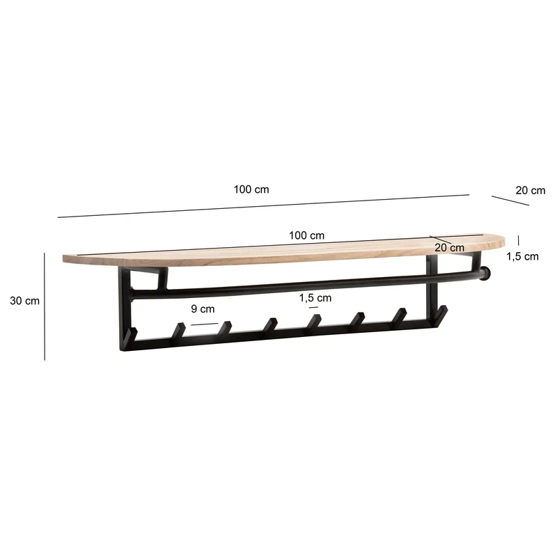 Garderobe Akazie Massivholz mit Metallrahmen Schwarz, 8 Haken & Ablage