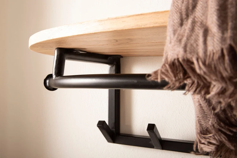 Garderobe Akazie Massivholz mit Metallrahmen Schwarz, 8 Haken & Ablage