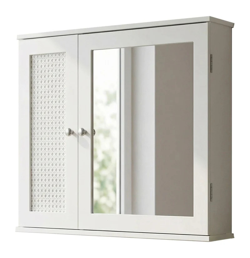 Wohnling Badschrank Spiegelschrank Weiß 60 cm mit Wiener Geflecht