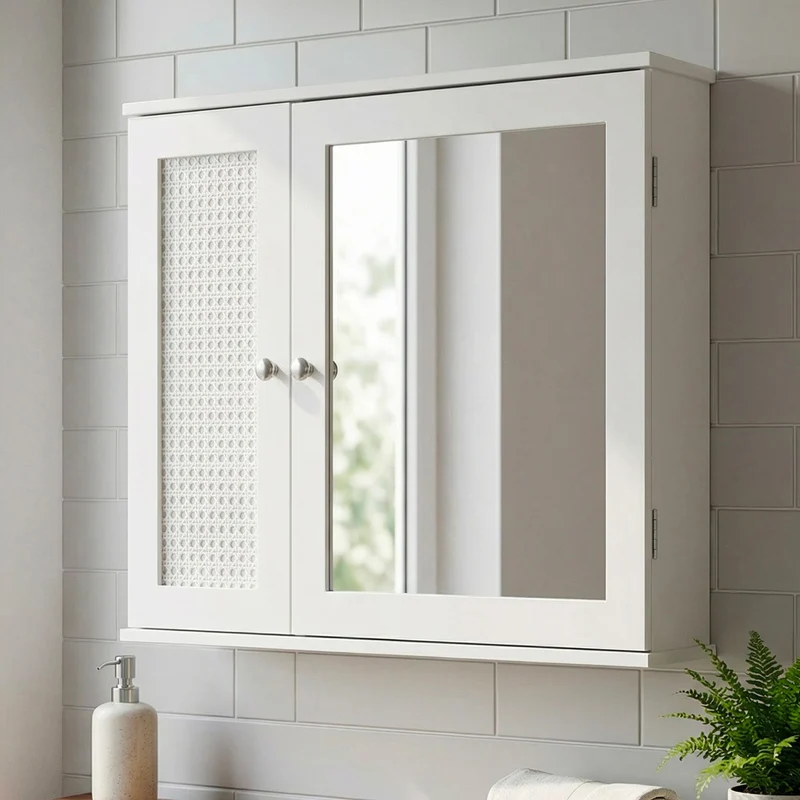 Wohnling Badschrank Spiegelschrank Weiß 60 cm mit Wiener Geflecht