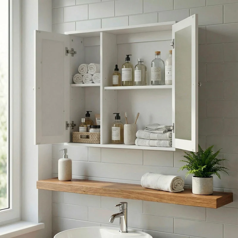 Wohnling Badschrank Spiegelschrank Weiß 60 cm mit Wiener Geflecht