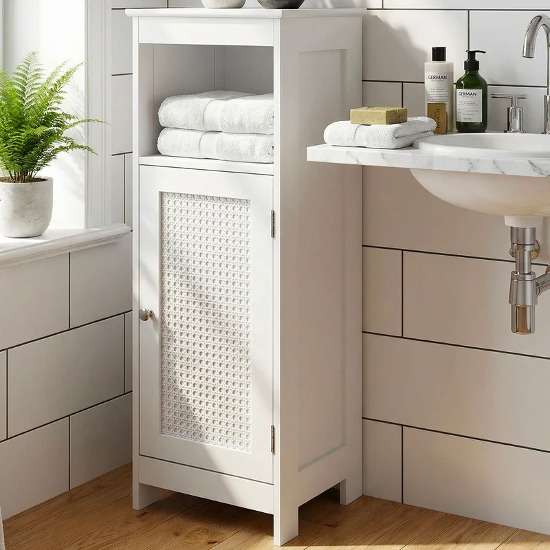 Badschrank 80x30x28 cm Weiß mit Wiener Geflecht für Bad & Flur