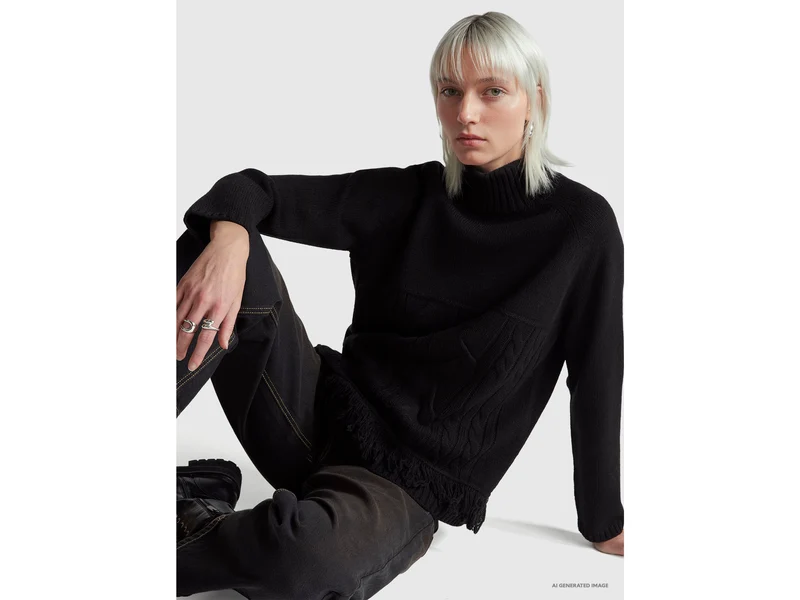 Oversize-Rollkragenpullover mit Fransen