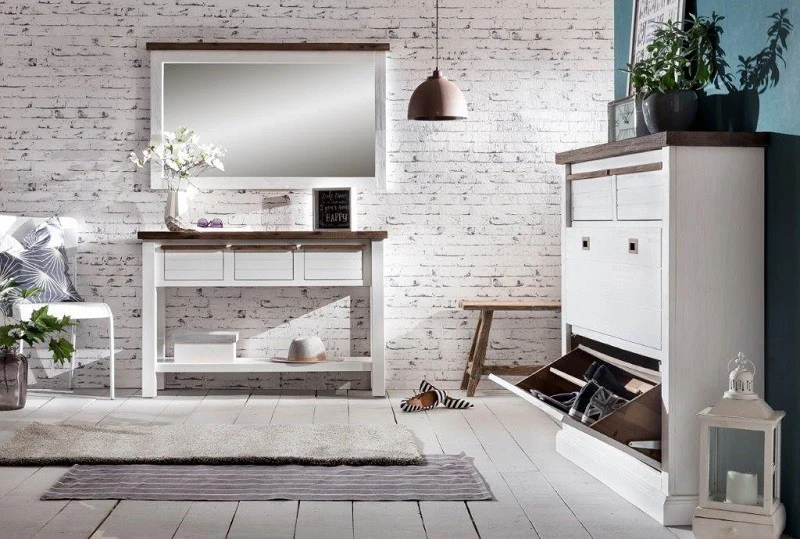 Schuhschrank Akazie massiv weiß Loft 2 Klappen