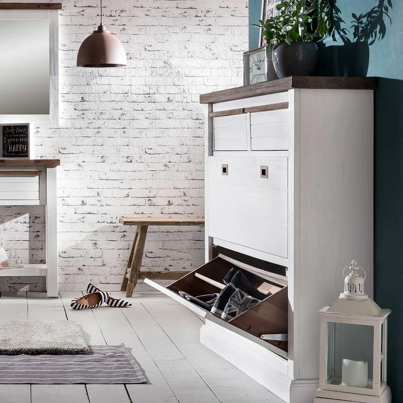 Schuhschrank Akazie massiv weiß Loft 2 Klappen