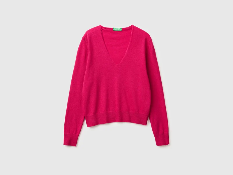 Fuchsiafarbener Pullover mit V-Ausschnitt aus reiner Merinowolle