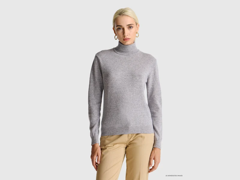 Grau melierter Rollkragenpullover aus reiner Merinowolle