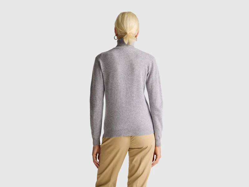 Grau melierter Rollkragenpullover aus reiner Merinowolle