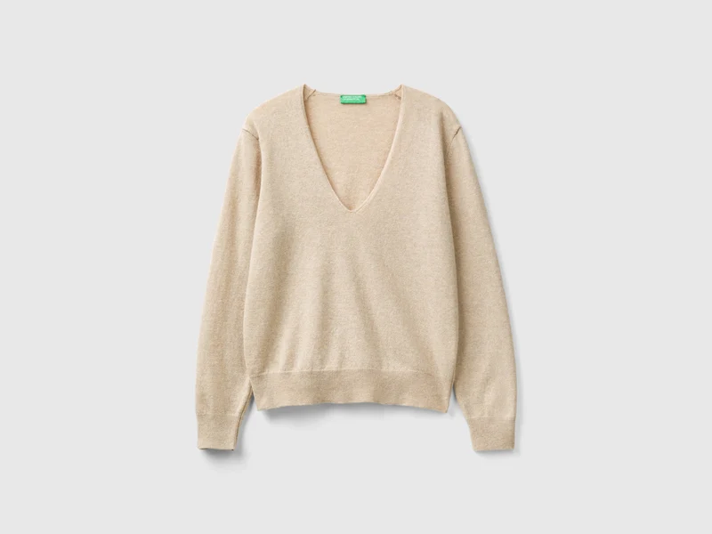 Beiger Pullover mit V-Ausschnitt aus reiner Merinowolle