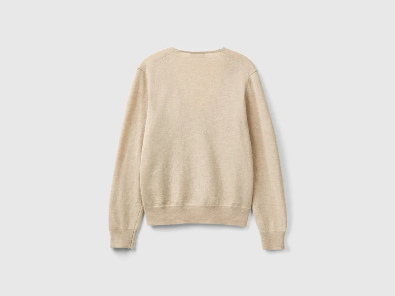 Beiger Pullover mit V-Ausschnitt aus reiner Merinowolle