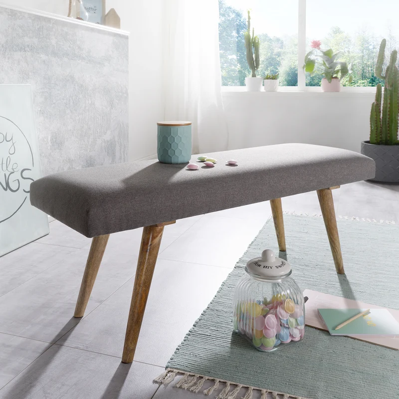 Sitzbank Retro 117x51x38cm Stoff Massivholz Grau Braun Polsterbank