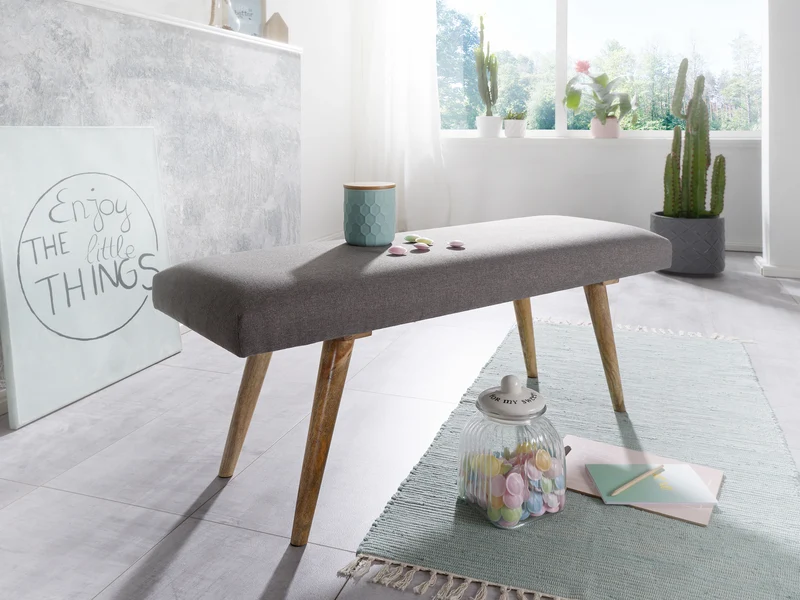 Sitzbank Retro 117x51x38cm Stoff Massivholz Grau Braun Polsterbank