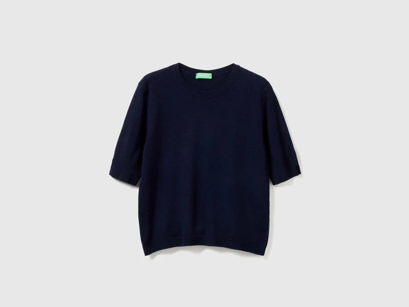 Dunkelblauer Kurzarmpullover aus reiner Merinowolle