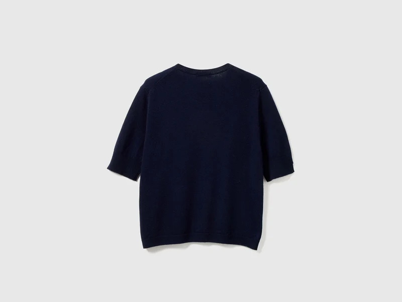 Dunkelblauer Kurzarmpullover aus reiner Merinowolle