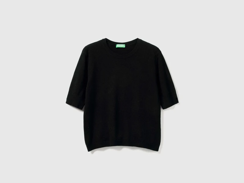 Schwarzer Kurzarmpullover aus reiner Merinowolle