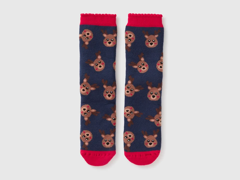 Blaue rutschfeste Socken mit Rentiermotiv