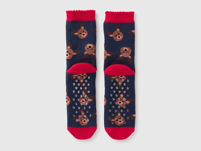 Blaue rutschfeste Socken mit Rentiermotiv