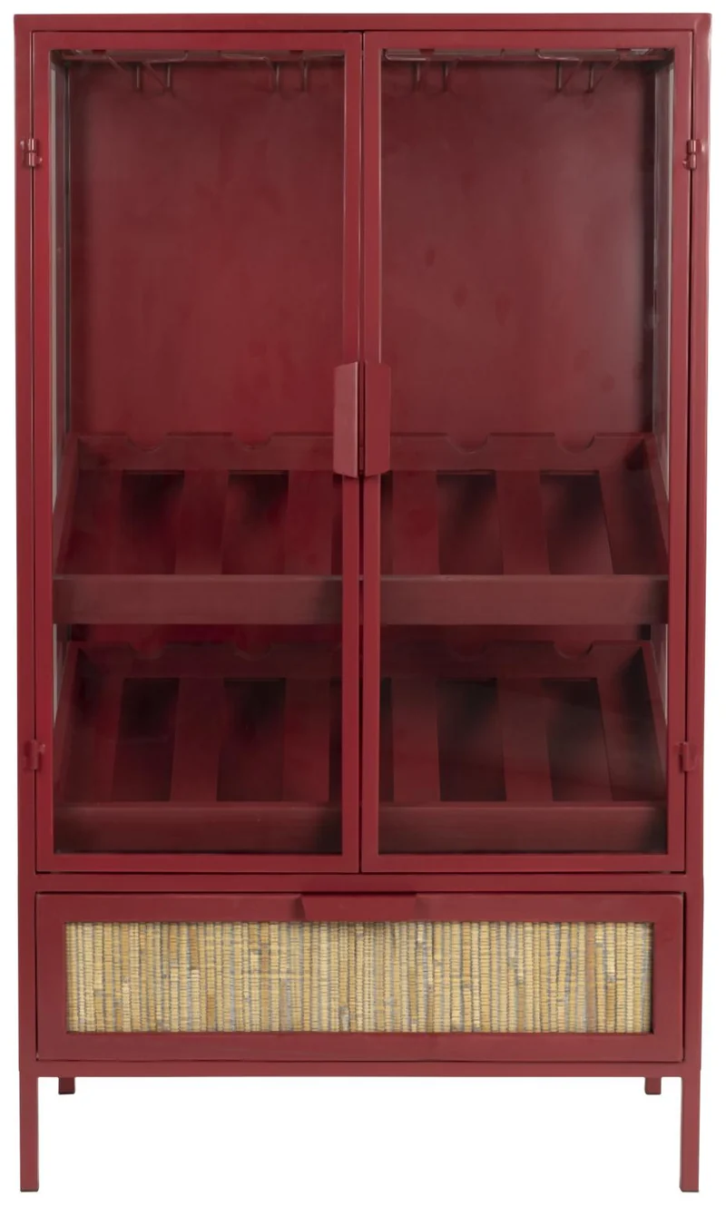Weinschrank Weinregal MORI Vitrine aus Metall Rot mit Rattanschublade