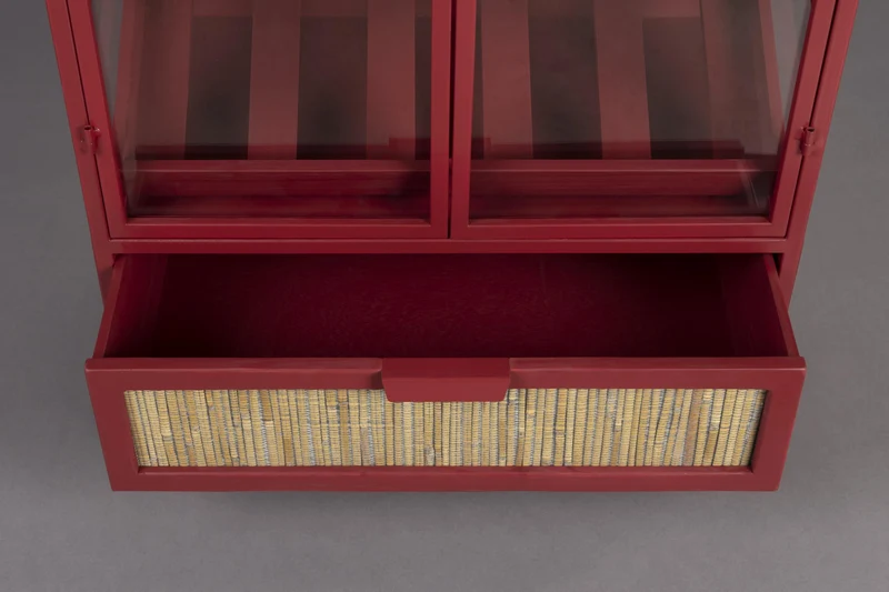 Weinschrank Weinregal MORI Vitrine aus Metall Rot mit Rattanschublade