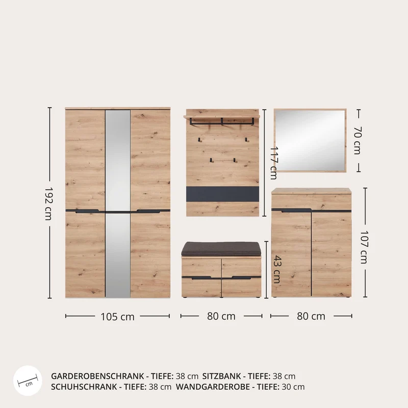 Garderoben Set MEMPHIS GH81 Artisan Eiche Nachbildung 5-teilig