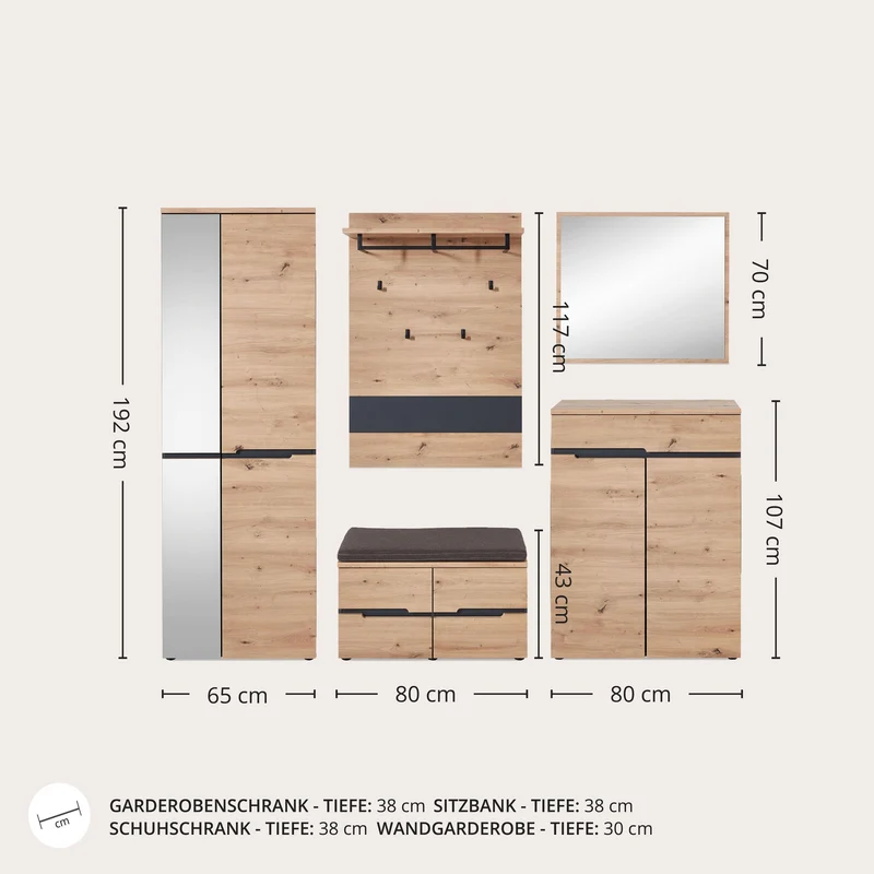 Garderoben Set MEMPHIS GH80 Artisan Eiche Nachbildung 5-teilig