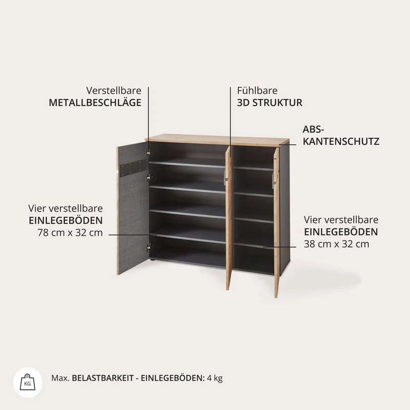 Schuhschrank MEMPHIS 3-türig Artisan Eiche Graphit Nachbildung